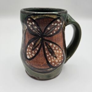 Hand Painted Floral Pottery Mug Signed Green Brown Boho